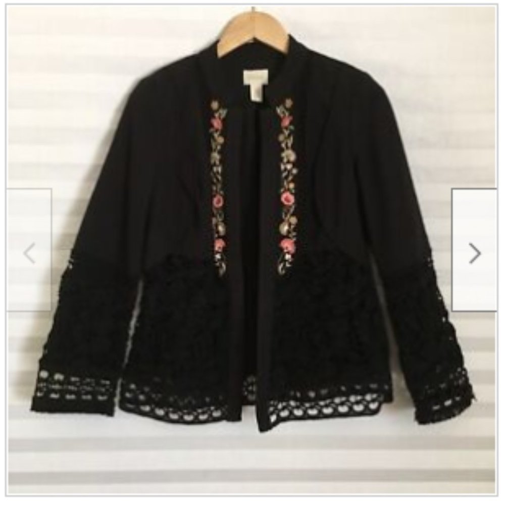Chicos Women Size 0 Open Front Black Blazer‎ Jacket Long Sleeve Embroidered
